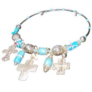 Artisan Made Boho Wire Necklace – Turquoise Beads, Cross & Mixed Metal & Glass